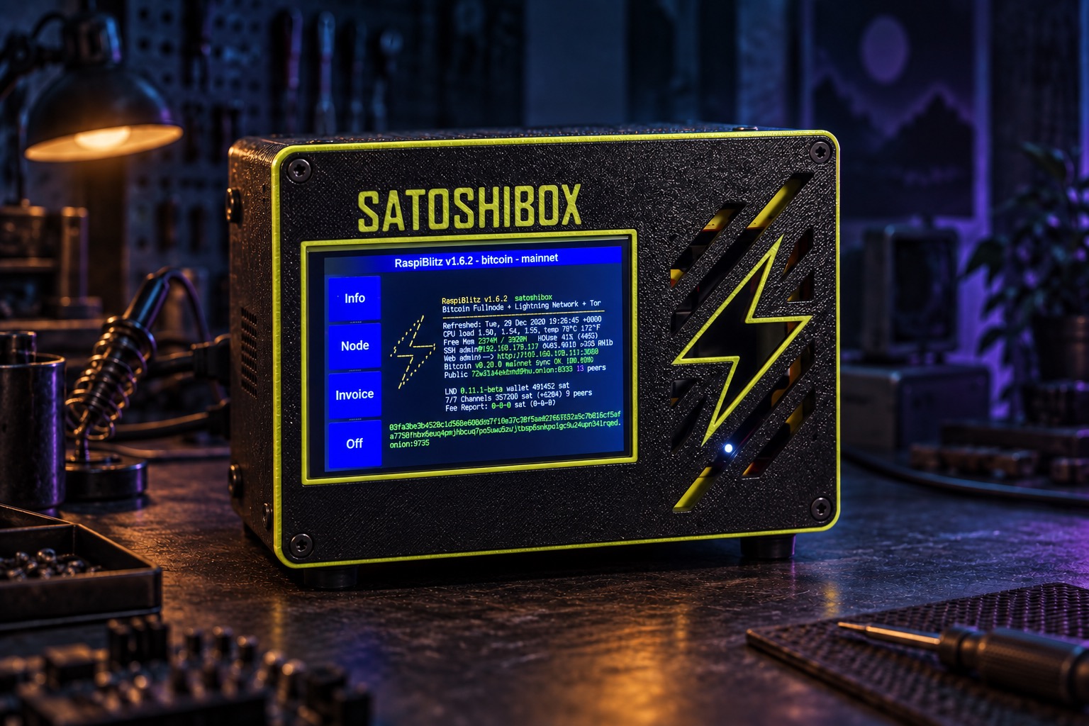 SatoshiBox illustrated as a handmade metal node with an amber lightning display